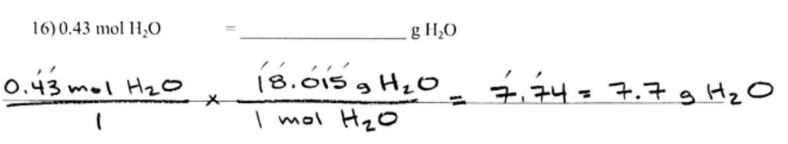 <p>starting with moles you multiply on top</p><p>use molar mass of H2O</p>