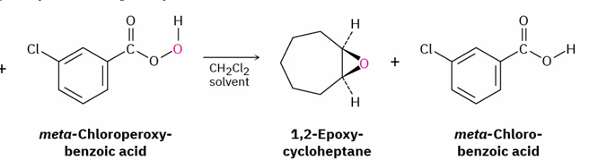 <ul><li><p>peroxyacid (RCO<sub>3</sub>H) mostly m-chloroperoxybenzoic acid</p></li></ul><p></p>