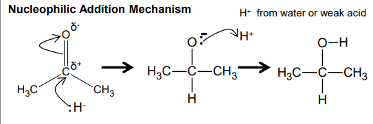 <p>Nucleophilic addition: Uses reducing agent (NaBH4- source of nucleophilic hydride ions that attack the positive C=O carbon), aqueous ethanol</p><p>Catalytic hydrogenation: Nickel catalyst, H2, high pressure</p><p></p>