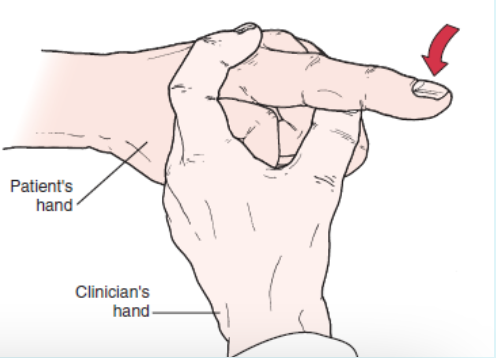 <ul><li><p><span>PURPOSE- Identify tightness around PIP joint</span></p></li><li><p><span>DESCRIPTION- The proximal interphalangeal joint is held in a neutral position while the distal interphalangeal joint is flexed by the examiner. </span></p></li><li><p><span>If the distal interphalangeal joint does not flex, the retinacular (collateral) ligaments or proximal interphalangeal capsule are tight. </span></p></li><li><p><span>If the proximal interphalangeal joint is flexed and the distal interphalangeal joint flexes easily, the retinacular ligaments are tight and the capsule is normal.</span></p></li></ul><p></p>