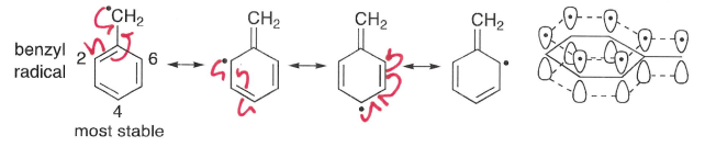 <p>The radical p orbital must be in the same plane as the p orbitals of a C=C pi bond.</p>