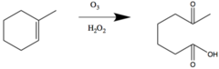 <p>cleaves double bond into ketone (2º substituted) and carboxylic acid (1º)</p><p>alkyne -> 2 carboxylic acids</p><p>terminal alkyne -> 1 carboxylic acid and 1 CO2</p><p>ozonolysis under oxidizing conditions</p>