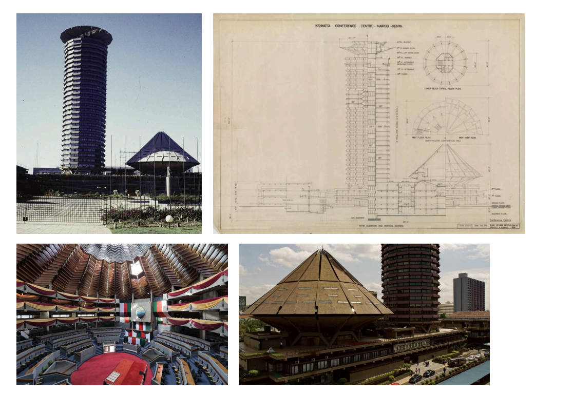 <p>Newly independent government of Kenya, architecture that reflects their independence and participation as a member of the world’s nations. Conference center and government offices, designed through public works offices (government architecture offices that builds infrastructure). Nostvik is Norwegian, coming from a country that wasn’t one of the colonial powers (Scandinavian countries), seen as a politically neutral choice to make. Tall office tower and cone/flower blossom shaped conference building, local masons and workmen worked on the facade of the building by chipping it, giving the facade a rough texture. Wooden beam panels at the clerestory of the conference building, allows shadows. Tower appears on Kenyan currency.</p>