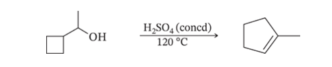 <p>7.57</p><p> When 1-cyclobutylethanol (shown below) is treated with concentrated H2SO4 at 120 °C, one of the products that is formed is methylcyclopentene. Please write a mechanism that can account for the formation of this new product.</p>