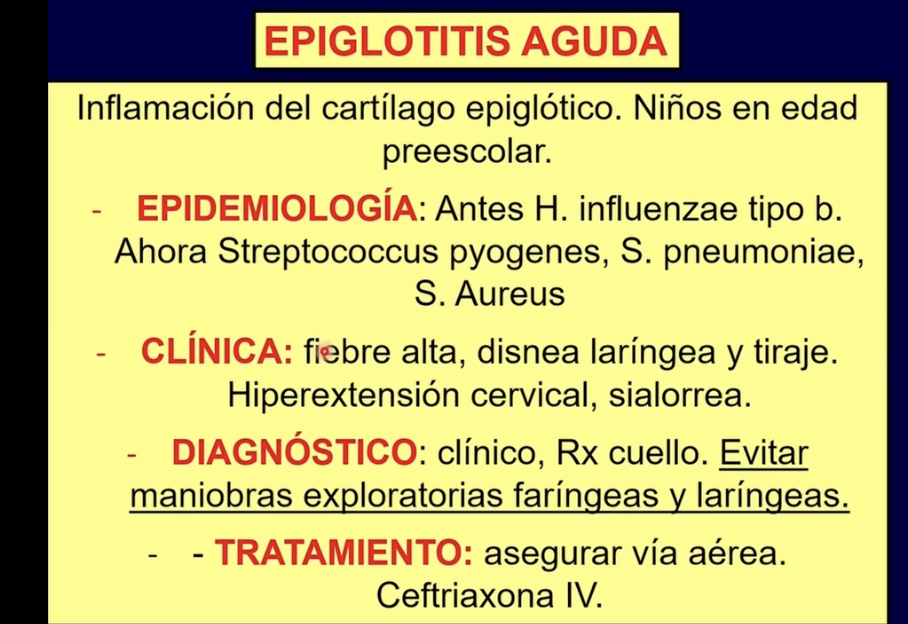 <p>Epiglotis aguda </p><ul><li><p>Se ve signo del pulgar en la rx—> cartílago epiglotis muy inflamado </p></li><li><p>Posición en hipertensión cervical </p></li></ul><p></p>
