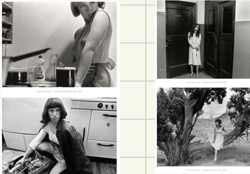 <ul><li><p>photographs herself in different personas </p></li><li><p>dressup as an actress and took pictures of herself ona. mocie set (filmstills)</p></li></ul><p></p>