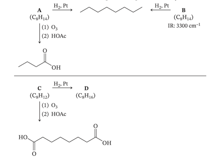 <p>8.24</p><p>A, B, and C are alkynes. Elucidate their structures and that of D using the following reaction roadmap.</p>