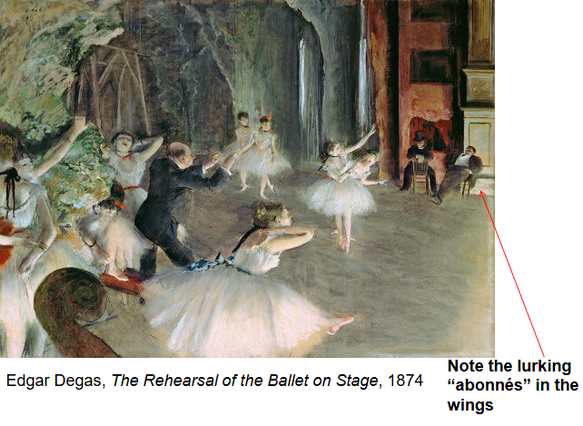 <p><strong>Identification:</strong></p><ul><li><p>Artist: Degas</p></li><li><p>Title: <em>The Rehearsal of the Ballet on Stage</em></p></li><li><p>Date: 1874</p></li><li><p>Movement: Impressionism</p></li></ul><p><strong>Historical Context:</strong></p><ul><li><p>Ballet was a popular form of modern entertainment in Paris, but the dancers were often <strong>young, working-class women who were poorly paid</strong>.</p></li><li><p>Wealthy male subscribers (“abonnés”) had special access to rehearsals, creating <strong>unequal power dynamics and uncomfortable relationships</strong>.</p></li><li><p>The ballet world had an underlying connection to <strong>exploitation and, at times, sex work</strong>, which Degas subtly references</p></li></ul><p><strong>Style:</strong></p><ul><li><p>The scene is shown from a <strong>side-stage, diagonal viewpoint</strong>, making it feel like we are part of the rehearsal.</p></li><li><p>The composition is carefully constructed but appears spontaneous.</p></li><li><p>Figures are cropped and arranged in awkward, natural poses, emphasizing realism.</p></li><li><p>The central figure (likely the instructor) interrupts the scene, adding to the sense of a paused moment.</p></li></ul><p><strong>Themes:</strong></p><ul><li><p>The painting reveals the <strong>reality behind the illusion</strong> of ballet, showing rehearsal instead of performance.</p></li><li><p>It emphasizes <strong>labor, strain, and imperfection</strong>, rather than beauty and grace.</p></li><li><p>Small details (scratching, stretching, yawning) highlight the physical demands on the dancers.</p></li><li><p>The presence of male spectators in the background introduces a sense of <strong>surveillance and unease</strong>.</p></li><li><p>Degas explores the idea that both dance and painting are <strong>constructed illusions</strong>, built through repeated effort.</p></li><li><p>Overall, the work presents a more <strong>honest and layered view of modern life</strong>, exposing what is usually hidden.</p></li></ul><p></p>