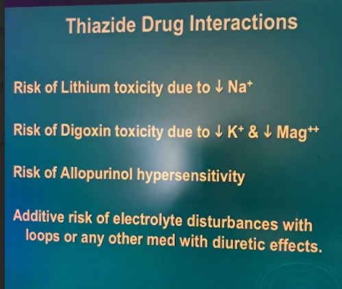 <p><strong><u>Thiazide Diuretics</u></strong></p><p><strong>HCTZ</strong>: <strong>Micro</strong>zide (caps), <strong>Ore</strong>tic (tab)</p><p><strong>12.5-25 mg QD</strong>, <strong>up to 50 mg </strong>a day divided into 1-2 doses</p><p>minimal response and more electrolyte disturbances seen when dose is higher than 50 mg/day</p>