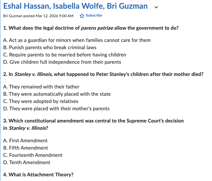 <p><span data-name="check_mark_button" data-type="emoji">✅</span> <strong>Act as a guardian for minors when families cannot care for them.</strong><br><strong>Options:</strong></p><ul><li><p><span data-name="check_mark_button" data-type="emoji">✅</span> A) Act as a guardian for minors when families cannot care for them <span data-name="check_mark_button" data-type="emoji">✅</span></p></li><li><p>B) Punish parents who break criminal laws <span data-name="cross_mark" data-type="emoji">❌</span></p></li><li><p>C) Require parents to be married before having children <span data-name="cross_mark" data-type="emoji">❌</span></p></li><li><p>D) Give children full independence from parents <span data-name="cross_mark" data-type="emoji">❌</span><br><strong>Why:</strong> Parens patriae = the state as “parent of the nation,” stepping in for child welfare.</p></li></ul><p>The legal doctrine of parens patriae allows the government to intervene in the care of minors by acting as their guardian when families are unable or unwilling to provide proper care. It prioritizes the welfare of children in such circumstances. </p><p></p>