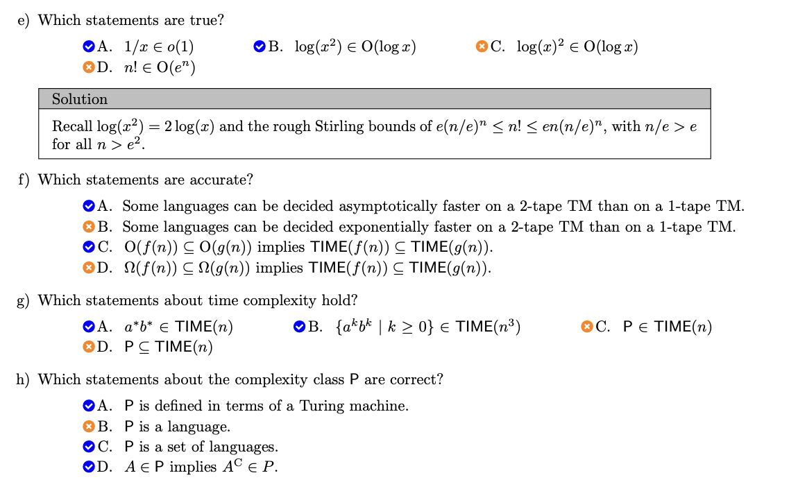 <p>e) A,B</p><p>f) A,C</p><p>g) A,B</p><p>h) A,C,D</p>