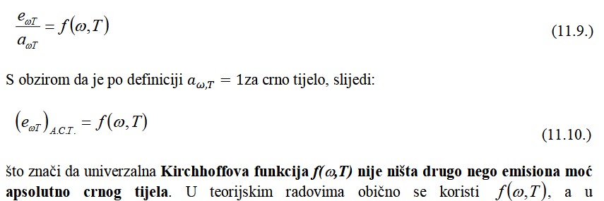 <p>Odnos emisione</p><p>i apsorpcione moći ne zavisi od prirode tijela, nego je isti za sva tijela i jednak je</p><p>univerzalnoj funkciji frekvencije i temperature, ( )Tf ,</p><p>ω koja se naziva Kirchoffova</p><p>funkcija:</p>