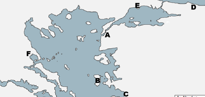 <p>The place indicated by “F” on this map is</p>