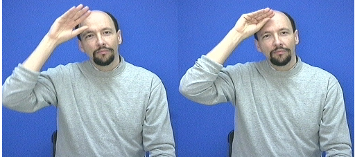 <p>grab rim of imaginary cap with dom hand</p>