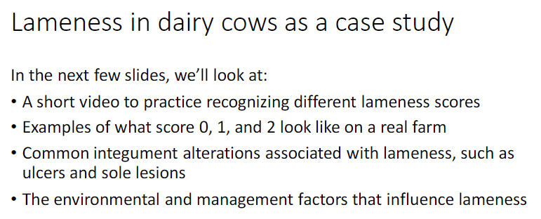 <p><strong>Assessment Practice</strong><br> Recognize <strong>lameness scores 0, 1, 2</strong> using videos or real farm examples</p><p><strong>Associated Signs</strong><br> <strong>Integument alterations</strong> – ulcers, <strong>sole lesions</strong>, hairless patches, swelling</p><p><strong>Influencing Factors</strong><br> <strong>Environmental factors</strong> – flooring, housing quality<br> <strong>Management factors</strong> – stockperson care, feeding practices, herd management</p>