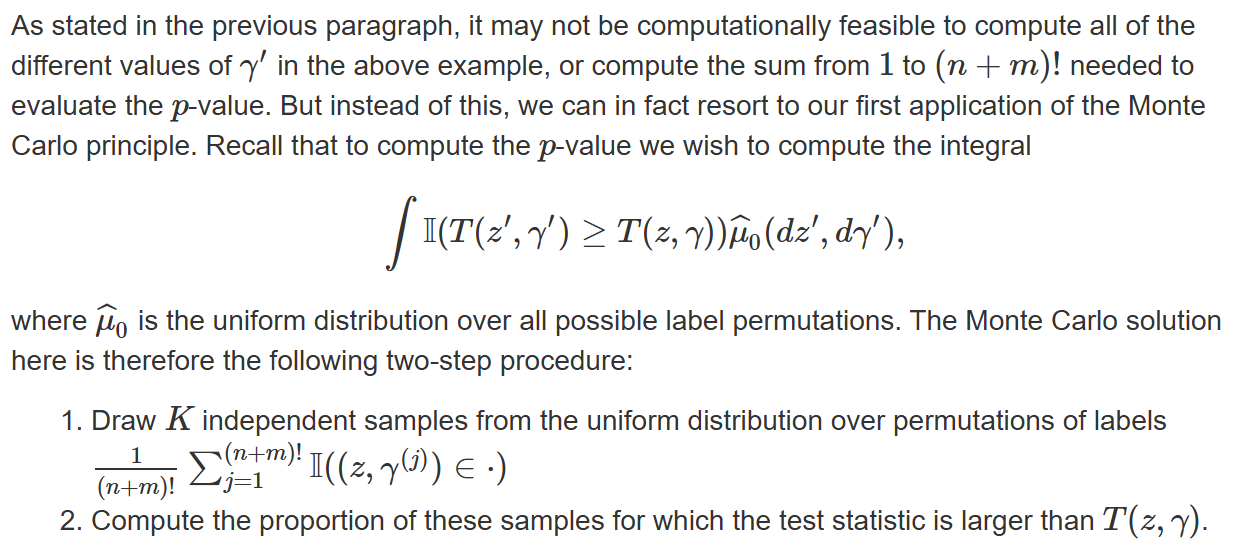 <p>Rather than compute all (n + m)! permutations, simply compute a random subset</p>