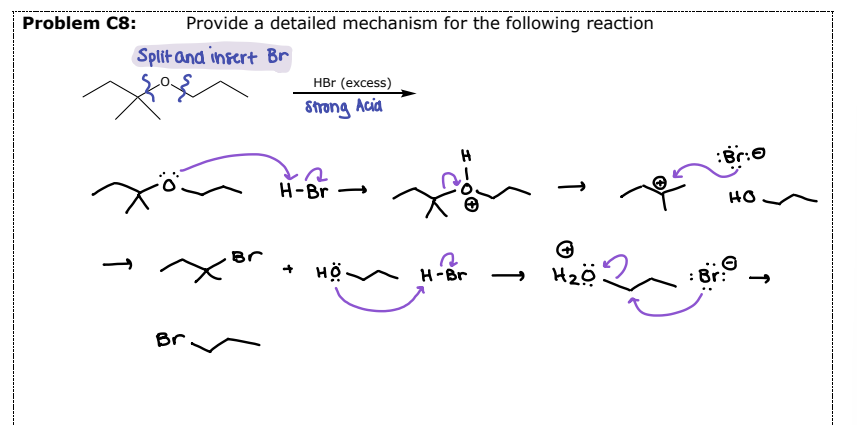 <p><strong>#3 Reactions of Ethers- __________</strong></p><ul><li><p>Reaction requires both a strong acid and a strong nucleophile </p><ul><li><p><strong>HBr </strong>and <strong>HI </strong>are used</p></li></ul></li><li><p><span style="color: red;"><strong>Mechanism (Sn1 or Sn2) depends on the substitution of the alkyl group</strong></span></p></li><li><p>Aryl and Vinylic ethers will NOT be cleaved </p></li><li><p><span style="color: green;"><strong><u>Split across the O and insert the halide </u></strong></span></p></li></ul><p></p>