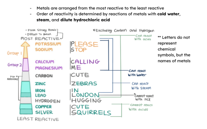 <ul><li><p>only metals above carbon can react with cold water </p></li><li><p>only metals above hydrogen can react with acids </p></li><li><p>** Lead cannot react with HCl</p></li><li><p>Only metals above lead can react with steam </p></li></ul><p></p>
