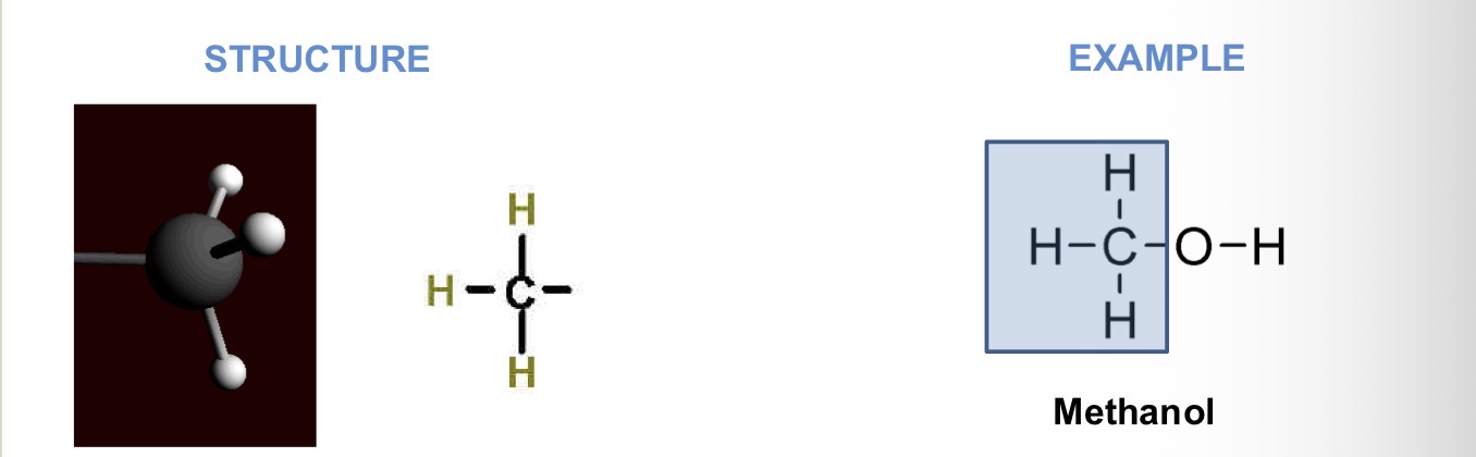 <p>What chemical group is this?</p><p>Functional properties:</p><ul><li><p>affects gene expression (help turn gene off)</p></li><li><p>Affects molecular shape and function</p></li><li><p>Hydrophobic</p></li><li><p>Sort of nonpolar</p></li></ul><p></p>