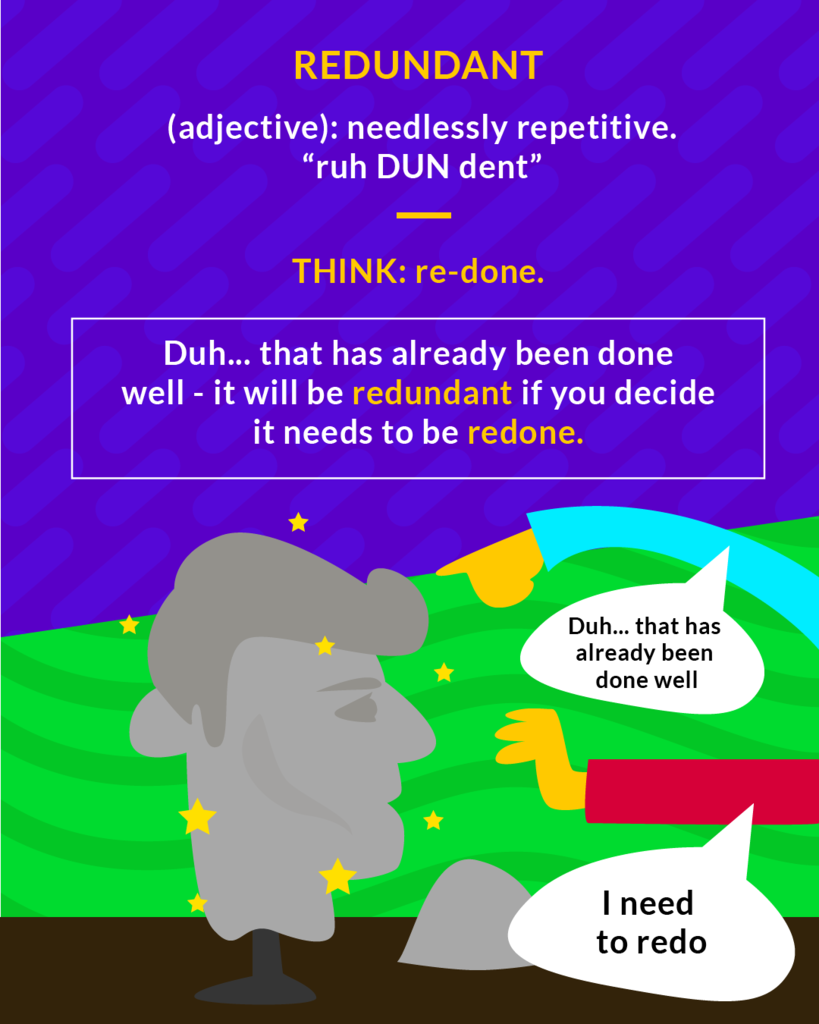 <p>(adj.) extra, excess, more than is needed; wordy, repetitive; profuse, lush</p><p>(adj.) needlessly repetitive</p>