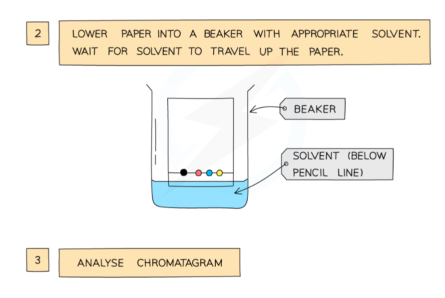 <p>used to separate substances with different solubilities in a certain solvent</p><p>draw a pencil line about 1cm from the edge of the filter paper, and put sample sof the different dyes on it</p><p>fill a beaker with water and place the paper in it, ensuring that the water level is below the level of the solvent</p><p>the solvent travels up the paper, taking the different dyes with it (in different amounts based on their solubility in the solvent), allowing you to see the different dyes</p>