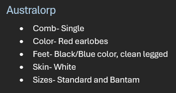<p>Breed: Australorp</p><p>Variety: Black</p>
