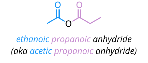<ul><li><p>list the components in alphabetical order without the word “acid”</p></li><li><p>add “anhydride” at the end of the name</p></li></ul><p></p>