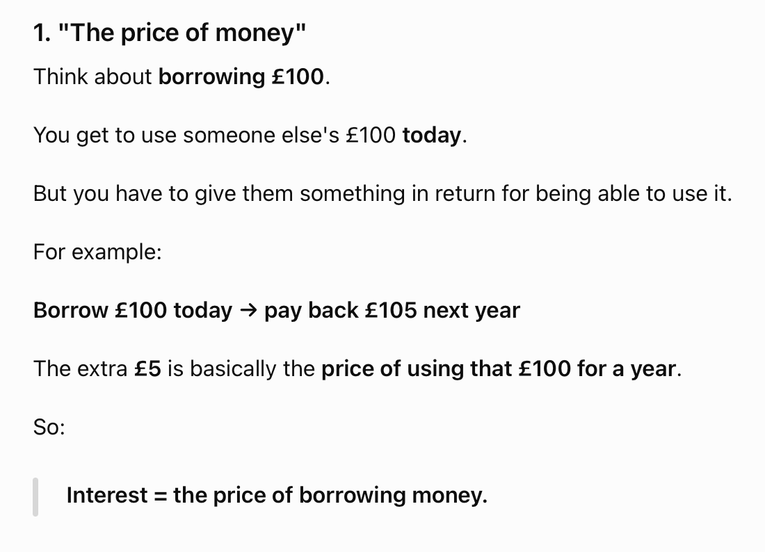 <p><strong>the price of money </strong>- the reward per £ of consumption foregone that is given to lenders and savers for accepting delayed gratification</p>