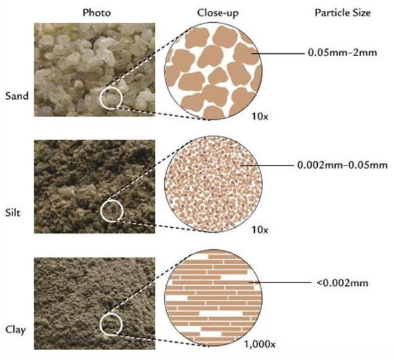<p>classified by amt of sand, silt, &amp; clay </p><ul><li><p>main diff is particle size </p><ul><li><p>sand > silt > clay </p></li></ul></li><li><p>↑ particles let ↑ water pass through </p><ul><li><p>↓ particles hold ↑ water</p></li></ul></li><li><p>soil has microbes </p><ul><li><p>decaying organic matter adds nutrients</p></li><li><p>↓ nutrients in sand b/c ↓ microbes </p></li></ul></li></ul><p></p>
