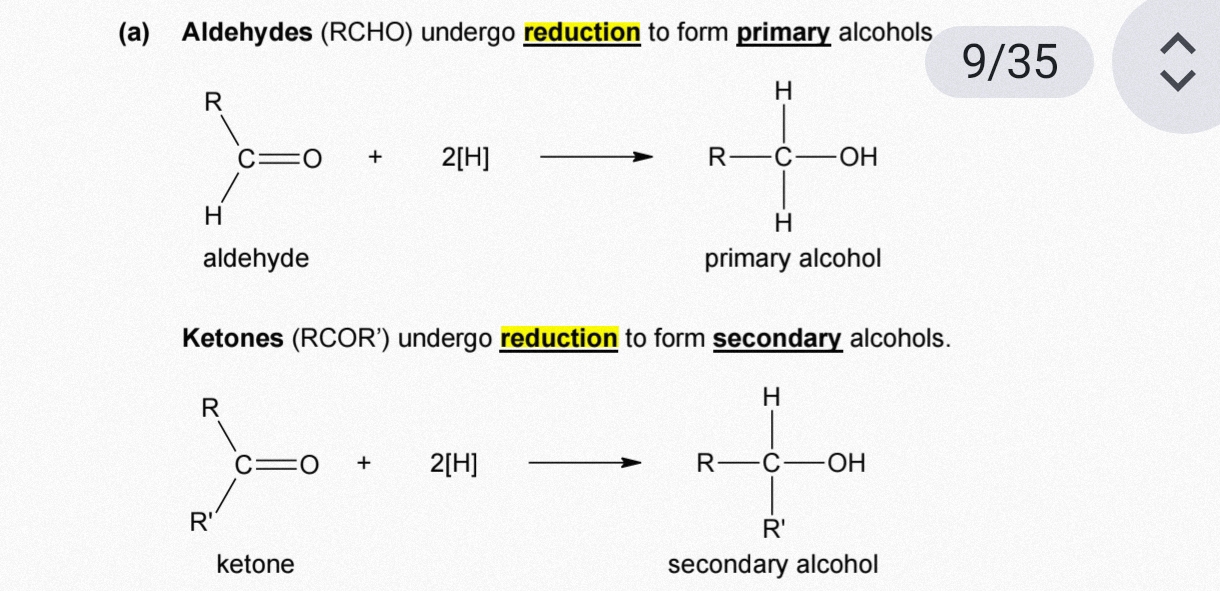 <p>Reduction of carbonyl compounds into alcohols (1° or 2°)</p>