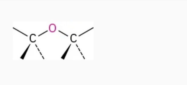 <p>oxygen single bonded between two carbons</p><p>Name ending: -ether</p><p>Ex: Dimethyl ether</p>