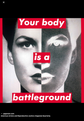 <p>In Untitled (Your Body is a Battleground), an example of Post Modern/Conceptual art, by Barbara Kruger, the bold text and photographic imagery MOST strongly create:</p>