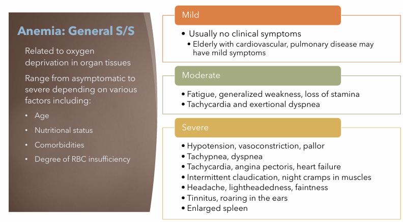 <p><strong>Mild</strong></p><ul><li><p>Usually no clinical symptoms</p></li></ul><p><strong>Moderate</strong></p><ul><li><p>Fatigue, generalized weakness, loss of stamina</p></li><li><p>Tachycardia and exertional dyspnea</p></li></ul><p><strong>Severe</strong></p><ul><li><p>Hypotension, vasoconstriction, pallor</p></li><li><p>Tachypnea, dyspnea</p></li><li><p>Tachycardia, angina pectoris, heart failure</p></li><li><p>Intermittent claudication, night cramps in muscles</p></li><li><p>Headache, lightheadedness, faintness</p></li><li><p>Tinnitus, roaring in the ears</p></li><li><p>Enlarged spleen</p></li></ul><p></p>