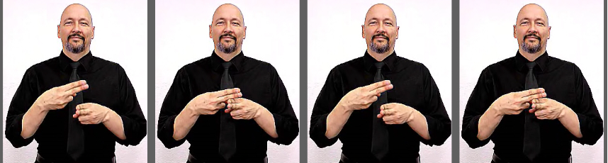 <p>2 fingers are out on each hand while rest of fingers are balled in fist tap tap fingers twice</p>