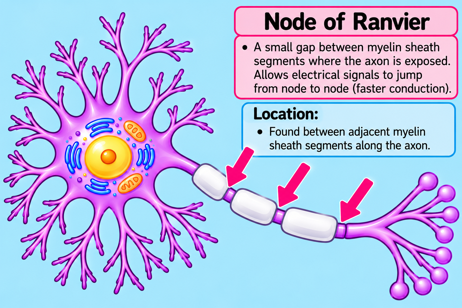 <p><strong><span data-name="key" data-type="emoji">🔑</span> Key Idea: Node of Ranvier = GAP between myelin sheath pieces.</strong></p><p><strong><span data-name="star" data-type="emoji">⭐</span> Easy memory:<br>NODE = GAP <span data-name="left_right_arrow" data-type="emoji">↔</span><br>Think: Look for the tiny spaces between the yellow myelin pieces.</strong></p>