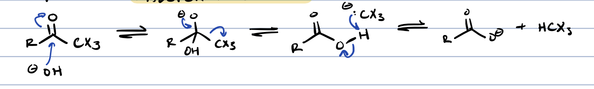 <p>product of halogenation at ⍺ position in base is further reacted with base</p>