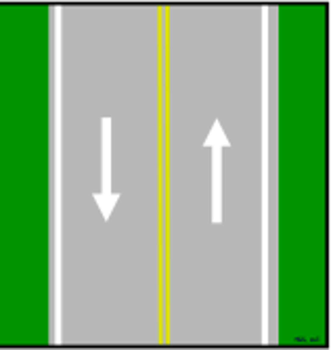 <p>two-direction roadway- passing prohibited on both sides</p>