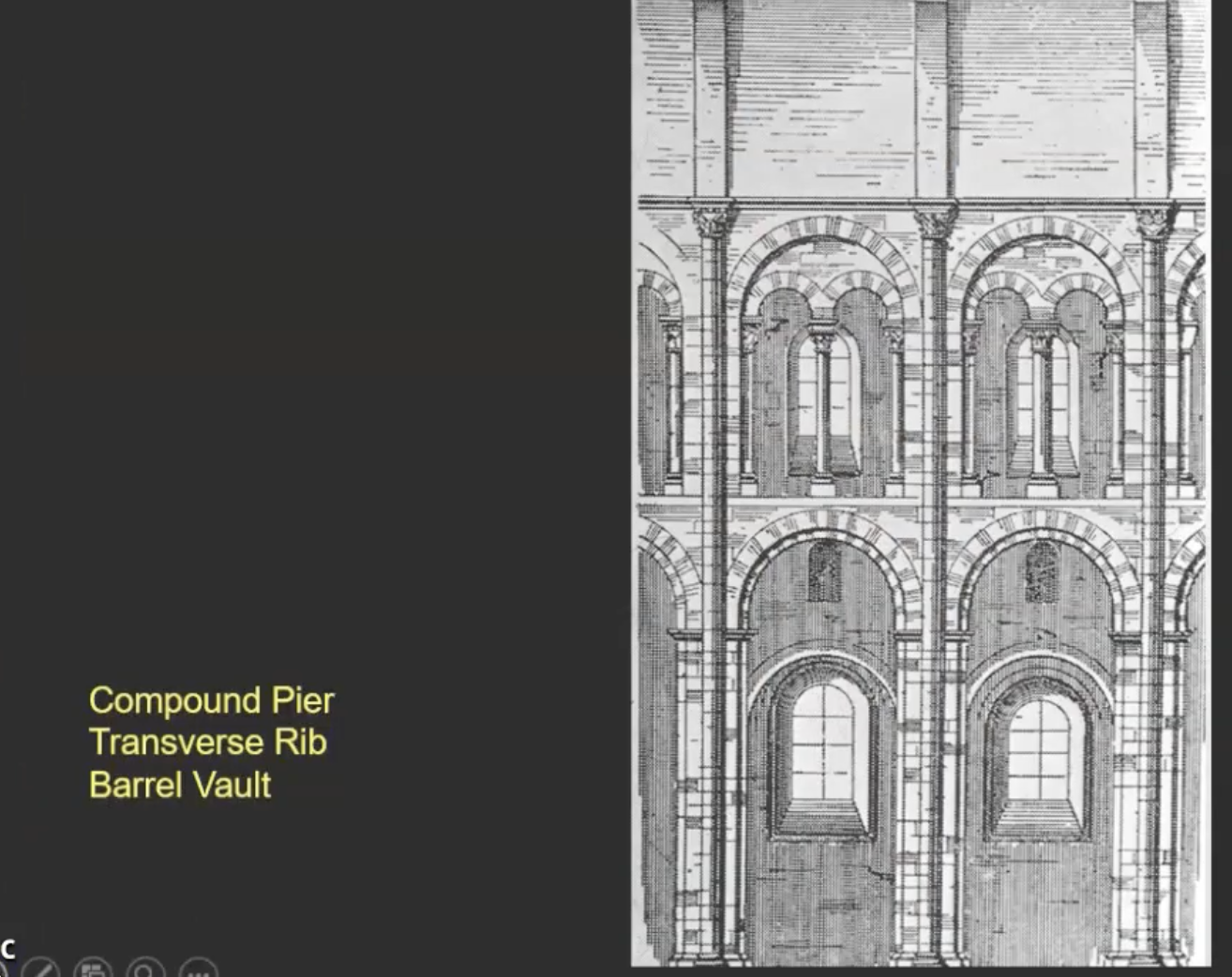 <p>Old Saint Peter's vs. Romanesque Churches</p><ul><li><p><strong>Old Saint Peter's</strong> had a <strong>wooden roof</strong>.</p></li><li><p>Romanesque churches use <strong>stone vaults</strong>.</p></li><li><p>Stone = <strong>greater height</strong>, <strong>stronger</strong>, and <strong>more fire resistant</strong>.</p></li><li><p>Romanesque architecture revives <strong>Roman arches</strong> and <strong>vaulting techniques</strong>.</p></li></ul><p>→Romanesque Architecture Summary</p><ul><li><p><strong>Rational, orderly scheme</strong>.</p></li><li><p>Built with <strong>ratios</strong> and <strong>repeated architectural forms</strong>.</p></li><li><p>Revival of <strong>Roman arches</strong>, <strong>vaults</strong>, and <strong>stone masonry</strong>.</p></li><li><p><strong>Rebirth of church architecture</strong> in the Romanesque age.</p></li><li><p></p></li></ul><p>*Compound Pier, Transverse Rib, Barrel Vault( the image)</p>