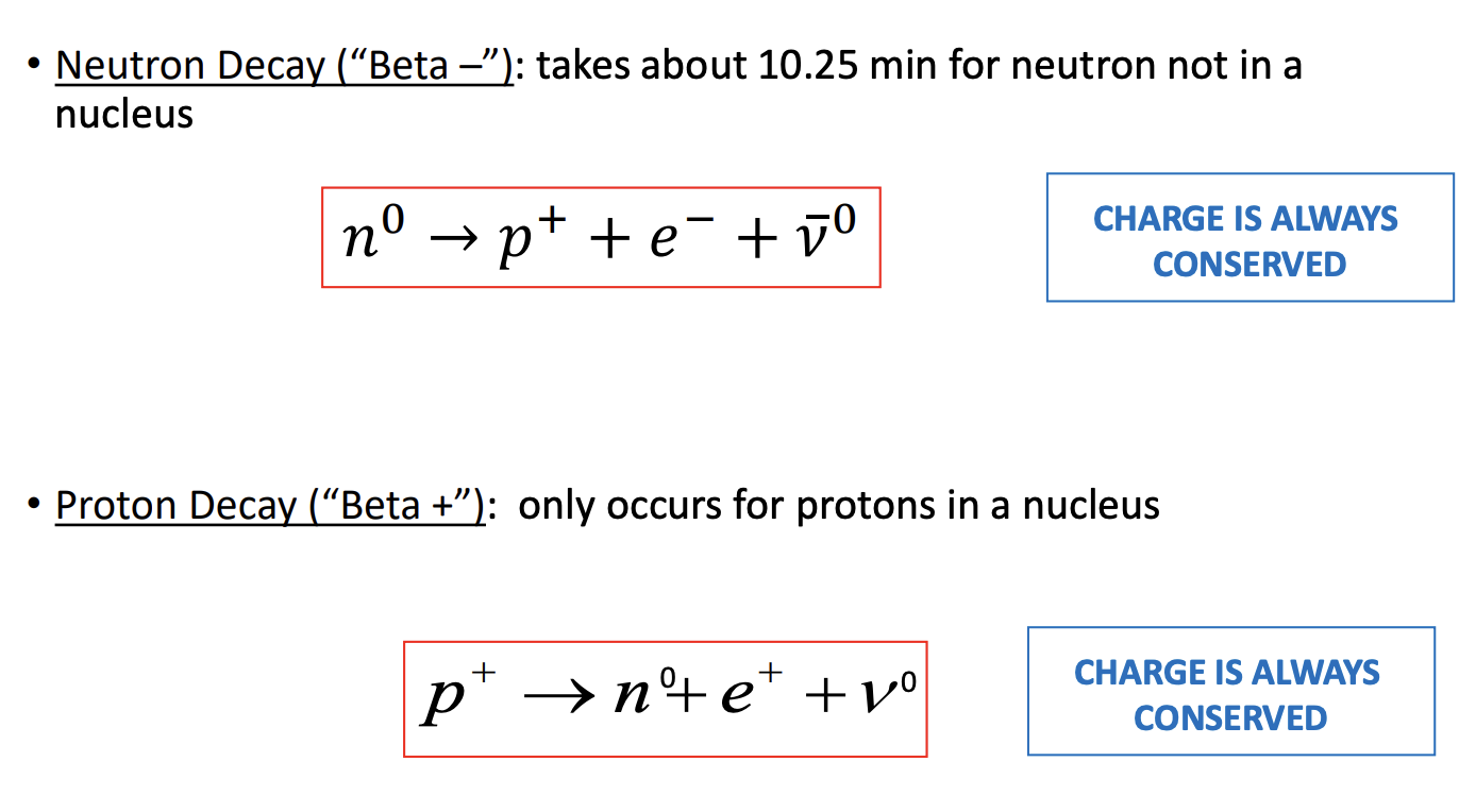 <p>-transforms particles in the nucleus to make the nucleus more stable</p><p>-charge is convserved</p><p>-<u>2 types of beta decay</u></p><ul><li><p>Neutron decay: can occur outside the nucleus; neutron turns into protron</p></li><li><p>Proton decay: can only occur in a nucleus; proton turns into neutron</p></li></ul><p></p>