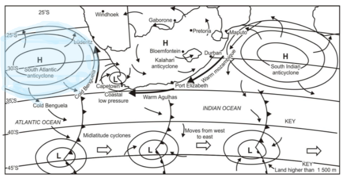 <p>Over the Atlantic Ocean west of South Africa.</p>