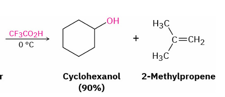 <ul><li><p>trifluoracetic acid (CF<sub>3</sub>CO<sub>2</sub>H) / HBr/ HI</p></li><li><p>SN1 or E1 mechanism </p></li><li><p>(OH on less substituent part)</p></li></ul><p></p>
