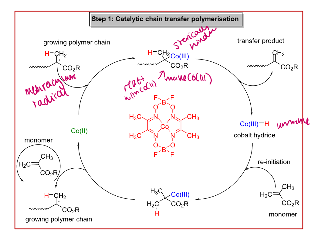 <p>Use Cobalt 2+ as the catalyst here. starting from green.</p><p>add the growing chain radical then the carbon becomes sterically hindered. becomes co 3+. leaves by sn2 i think reaction.</p><p>cobalt hydride left which is unstable initiates the next chain</p><p>makes co2+ again</p>
