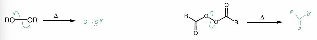 <ul><li><p><strong>peroxides</strong> - oxygen—oxygen bond is weak</p><ul><li><p>radical forms w/ <u>heat</u></p></li></ul></li><li><p><strong>hv</strong> (light) - light E can break X—X bond → radicals </p></li></ul><p></p>
