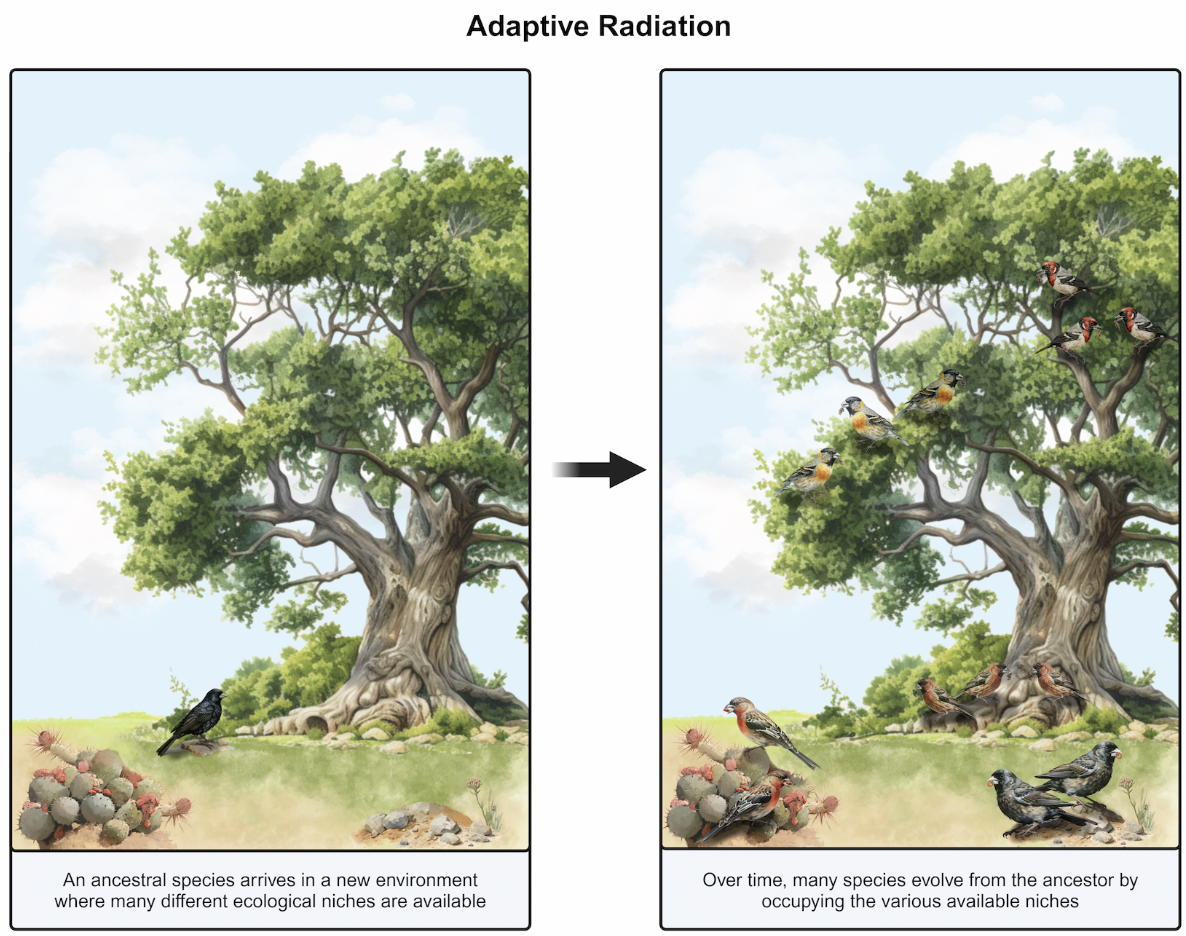 <p><strong>C  </strong></p><p><em>A. Spread of a species into different habitats leading to rapid population growth</em></p><p>Population dispersal refers to the movement of individuals into new environments, leading to an increase in geographic range and sometimes population size. However, this process does <em>not</em> involve major genetic changes, so the population remains the same species.</p><ul><li><p>Example: Humans have dispersed globally and occupy diverse environments, yet they remain a single species.</p></li></ul><p><em>B. Two unrelated species evolve to become more similar<br></em><span style="line-height: 1.6em; font-size: inherit;">Convergent evolution</span> occurs when unrelated species independently develop similar characteristics in response to similar environmental pressures.</p><ul><li><p><span style="line-height: 1.6em;">Example: Although bats and birds do not share a common ancestor, they both developed wings due to similar environmental pressures.</span></p></li></ul><p><em>D.&nbsp;Formation of a new species through the hybridization of closely related species</em></p><p>Hybridization occurs when two closely related species interbreed, which can sometimes give rise to a new lineage with a unique genetic combination.</p><ul><li><p>Example: The red wolf is thought to have originated through hybridization between gray wolves and coyotes, forming a distinct lineage.</p></li></ul><p><em>E. Passing learned behaviors and skills from one generation to the next</em></p><p>Lamarck's theory of <span style="line-height: 1.6em; font-size: inherit;">use and disuse</span> incorrectly proposed that traits acquired during an organism’s life can be passed to its offspring.</p><ul><li><p>Example: An animal that develops stronger muscles through frequent use would supposedly produce offspring with stronger muscles. However, learned behaviors and acquired traits <em>cannot</em> be inherited from one generation to the next.</p></li></ul><p></p>
