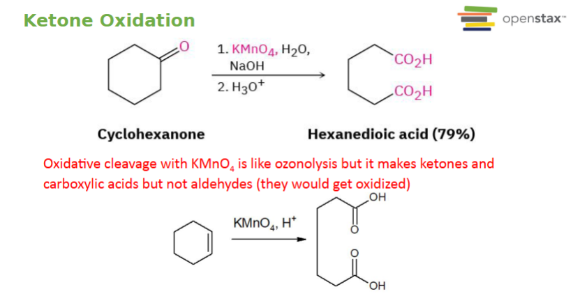 <p>Ketones are harder to oxidize. A strong oxidation with KMnO4 causes oxidative cleavage, which breaks C-C bonds. It produces Ketones &amp; carboxylic acids. </p>