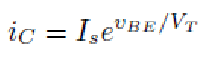 <ul><li><p>i<sub>C</sub> = DC collector current flowing from collector to emitter (npn) or from emitter to collector (pnp) in forward-active operation</p></li><li><p>I<sub>S</sub> = saturation current, is an intrinsic property so can’t be found through mathematical analysis</p></li><li><p>v<sub>BE</sub> = base-emitter voltage → potential difference between the base and emitter terminals that forward biases the base-emitter junction</p></li><li><p>VT = thermal voltage, can use 25.85 mV</p></li></ul><p></p>