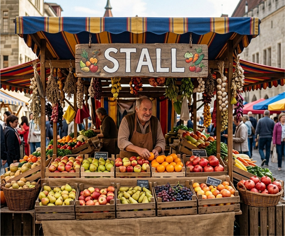 <p>The vendor is selling fresh fruit at his stall in the market</p>