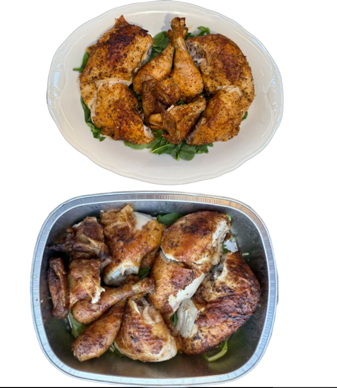 <p>Whole slow-roasted organic rotisserie chicken, seasoned with our own rotisserie spice mix, cut into ready-to-serve pieces and served with wilted spinach and arugula.</p><p>Modification options: None</p><p>Allergens: None Big 9 Allergens</p>