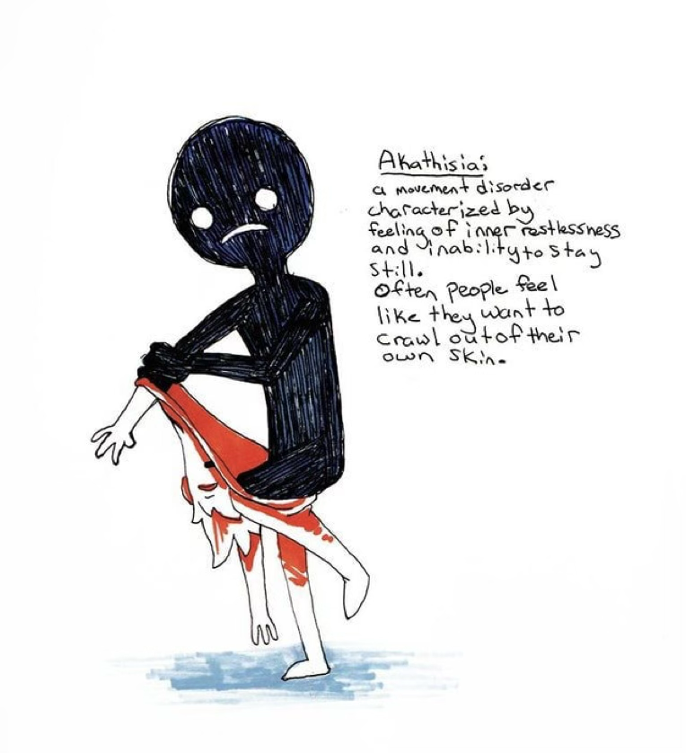 <p>A subjective feeling of muscular discomfort that can cause patients to be agitated, restless, and feel generally dysphoric</p><p>Treated with propanolol, benzodiazepines, and clonidine.</p>