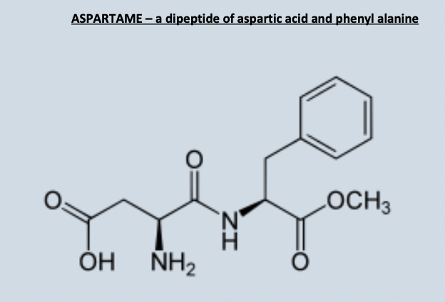 <p>Makes stuff sweet, made of a Dipeptide of Aspartic acid and Phenyl alanine<br>-Contains a Carboxyl, Hydroxyl, Amio</p>